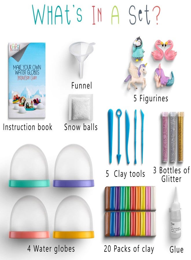 Kipipol Snow Globe Making Kit for Kids - Make Your Own Snow Globes for Girls w/ 4 DIY Snowglobe, 5 Figures, 20 Packs of Modeling Clay for Kids for Sculpting - Arts and Crafts for Girls & Boys 8-12-4-8 - Image 2